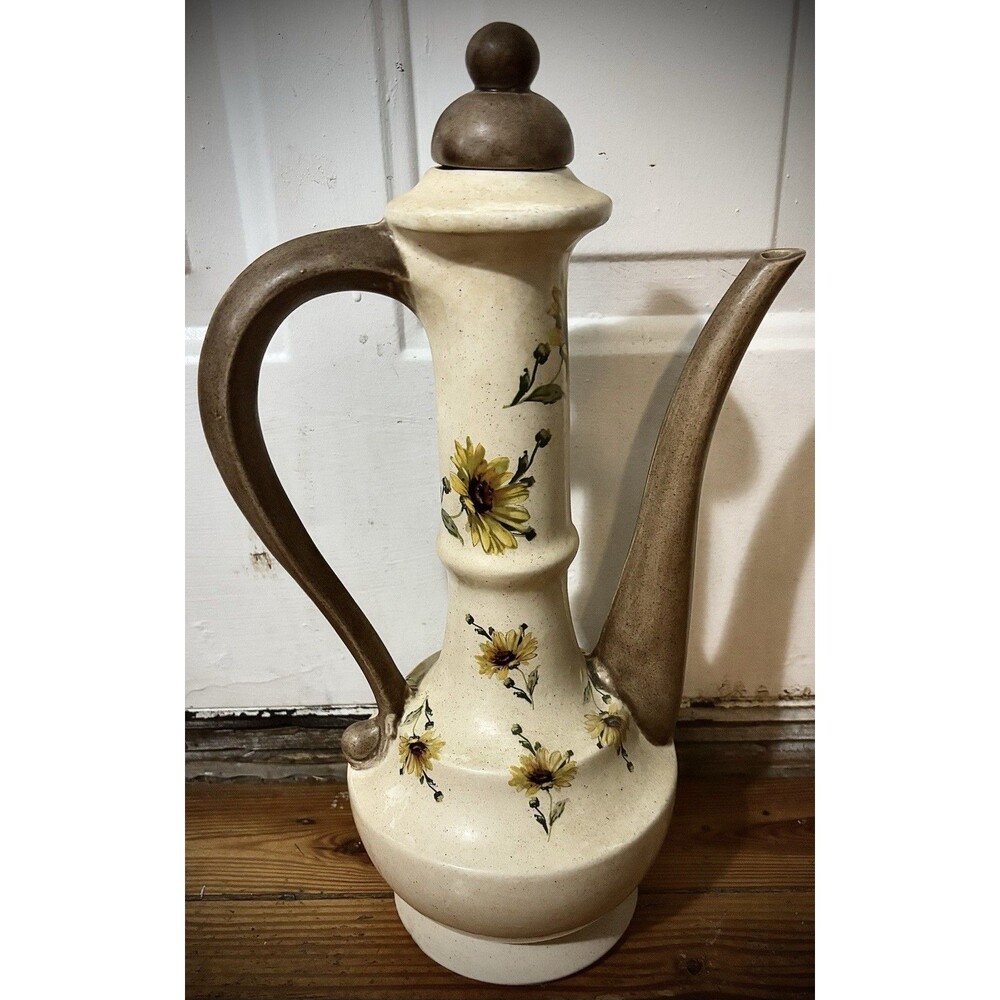 Vintage 16”  Stoneware Coffee Pot Sunflower Floral Rustic Decor Statement Piece